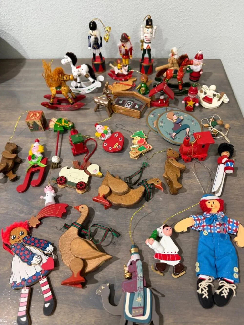 Vintage Wooden Christmas Ornaments Lot 35 Rocking Horses Soldiers Santa Ducks
